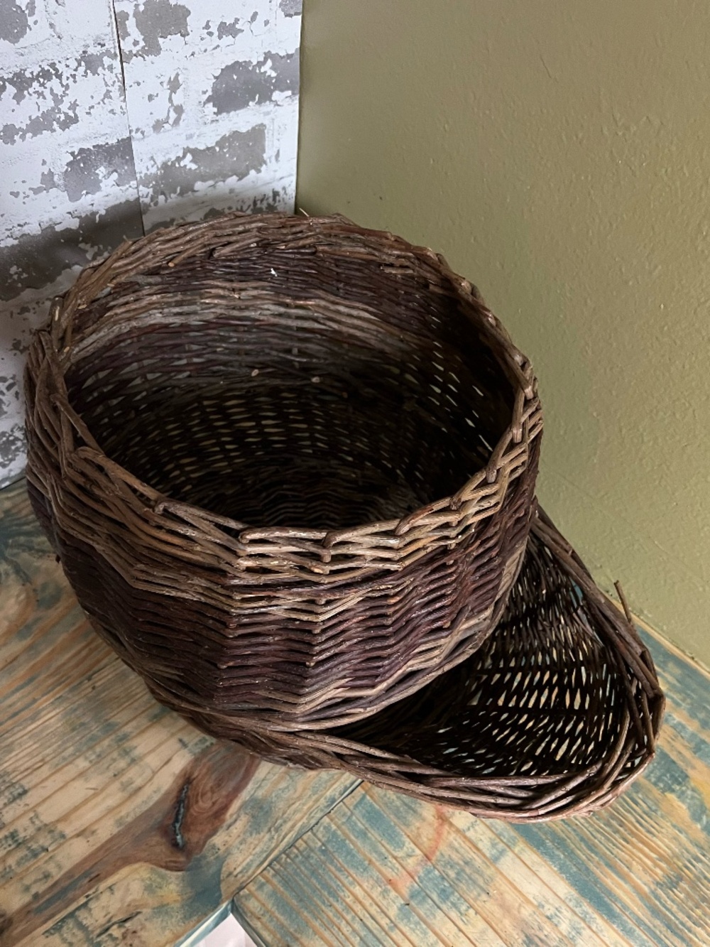 Vintage handwoven willow twig wicker root vegetable dispenser basket
